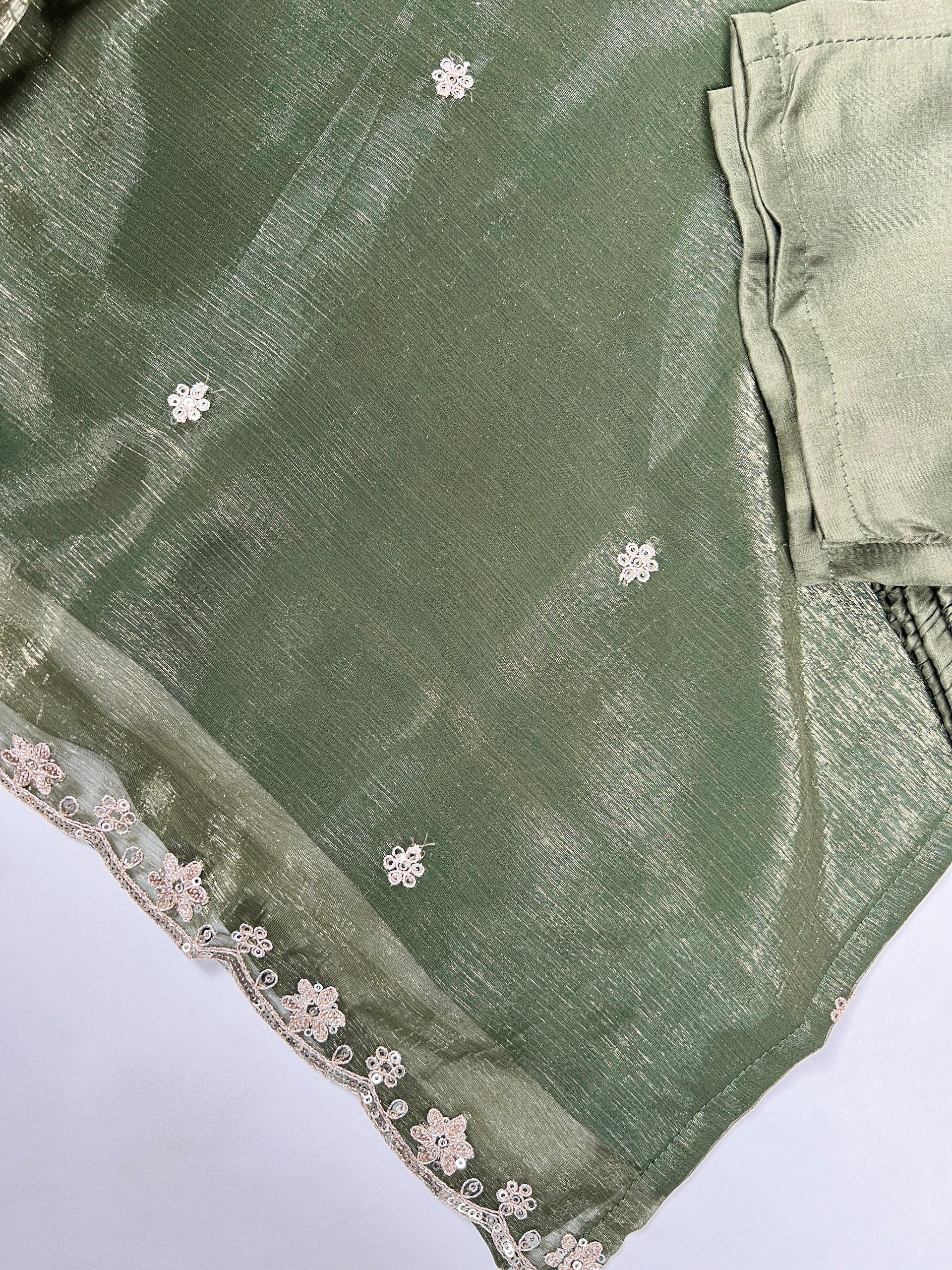 Olive Green Elegant Gold Coin Top & Maska Cotton Bottom Set with Sequins & Thread Embroidery – Stitched Top with Matching Dupatta