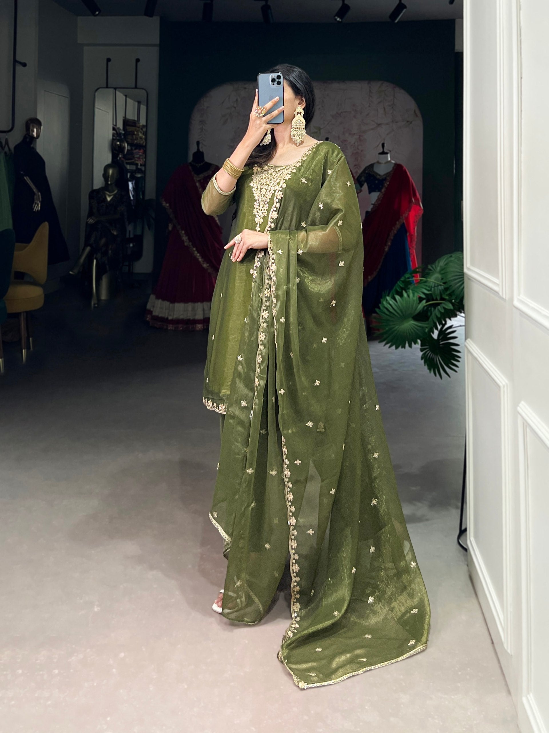 Olive Green Elegant Gold Coin Top & Maska Cotton Bottom Set with Sequins & Thread Embroidery – Stitched Top with Matching Dupatta