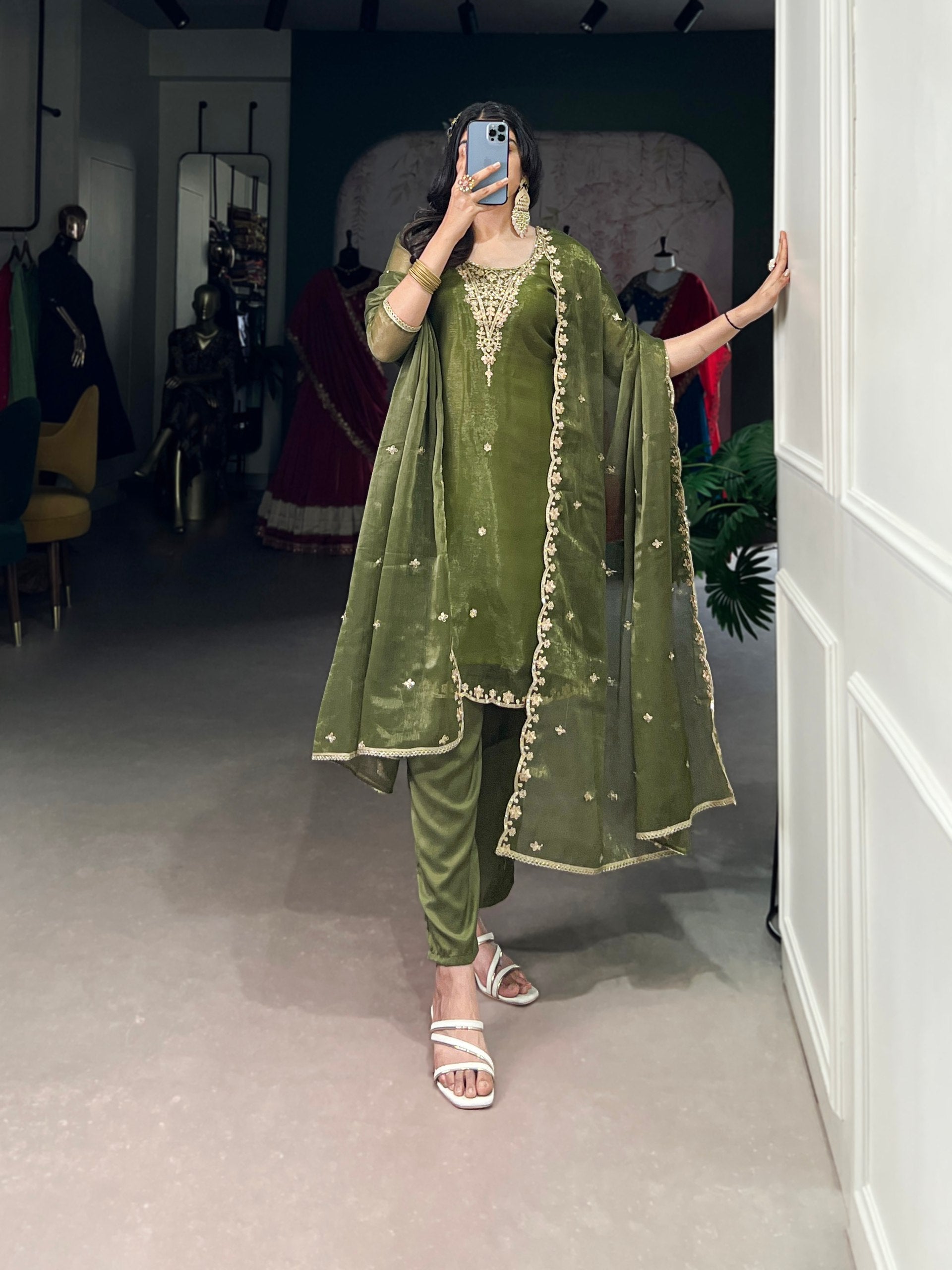 Olive Green Elegant Gold Coin Top & Maska Cotton Bottom Set with Sequins & Thread Embroidery – Stitched Top with Matching Dupatta