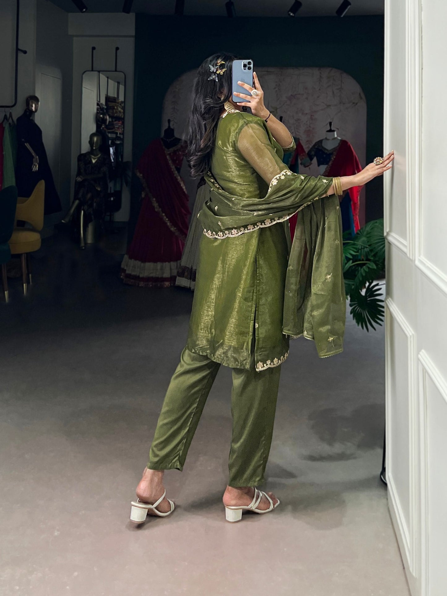 Olive Green Elegant Gold Coin Top & Maska Cotton Bottom Set with Sequins & Thread Embroidery – Stitched Top with Matching Dupatta