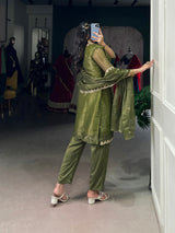 Olive Green Elegant Gold Coin Top & Maska Cotton Bottom Set with Sequins & Thread Embroidery – Stitched Top with Matching Dupatta