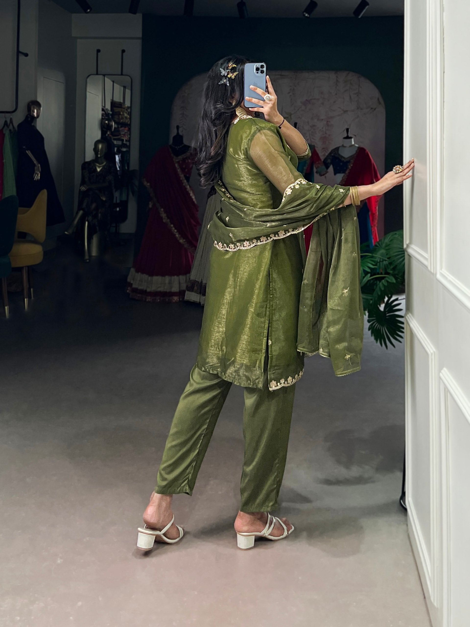 Olive Green Elegant Gold Coin Top & Maska Cotton Bottom Set with Sequins & Thread Embroidery – Stitched Top with Matching Dupatta