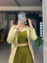 Olive Green Printed Georgette Palazzo Set with Jacquard Shrug