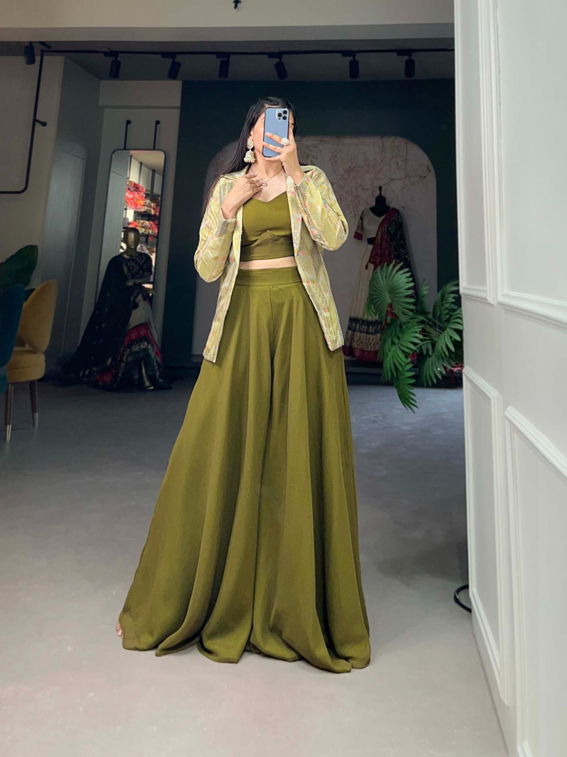 Olive Green Printed Georgette Palazzo Set with Jacquard Shrug