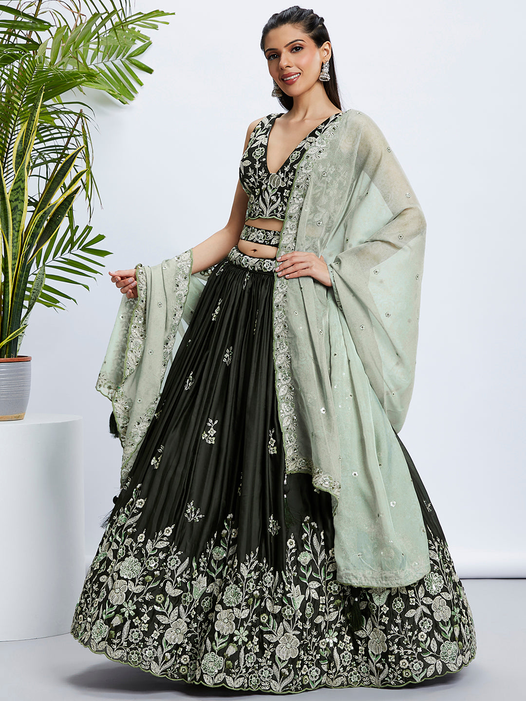 Olive Green Sequinned Lehenga Choli Set with Embroidered Dupatta