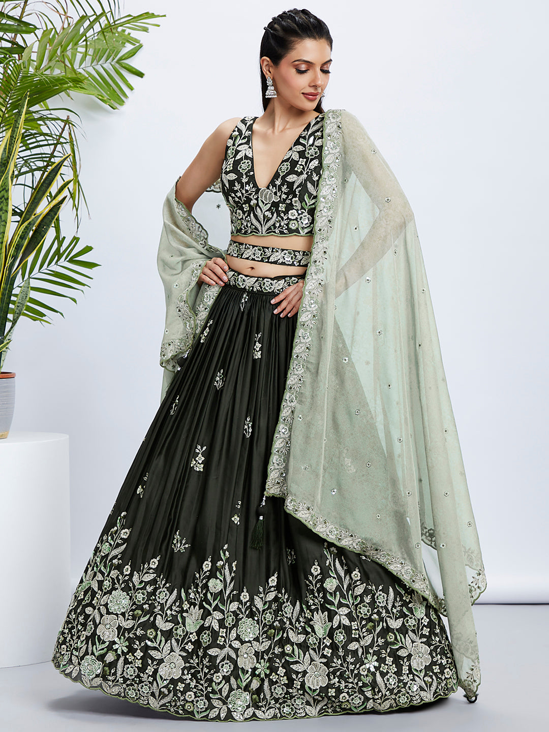 Olive Green Sequinned Lehenga Choli Set with Embroidered Dupatta