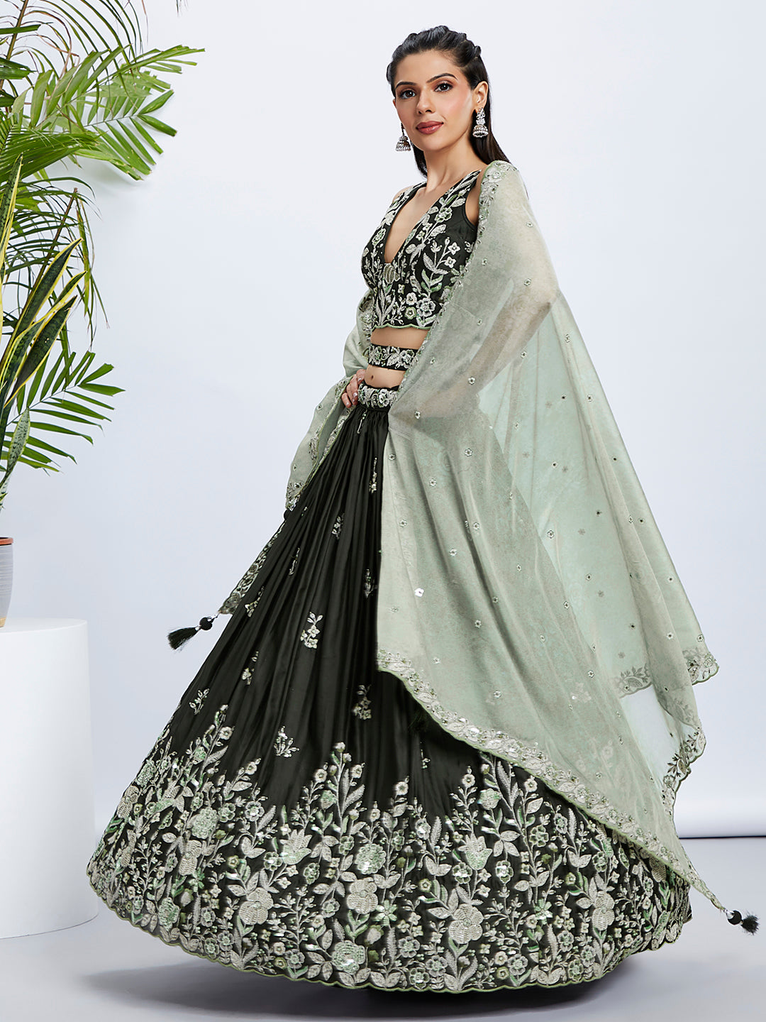 Olive Green Sequinned Lehenga Choli Set with Embroidered Dupatta