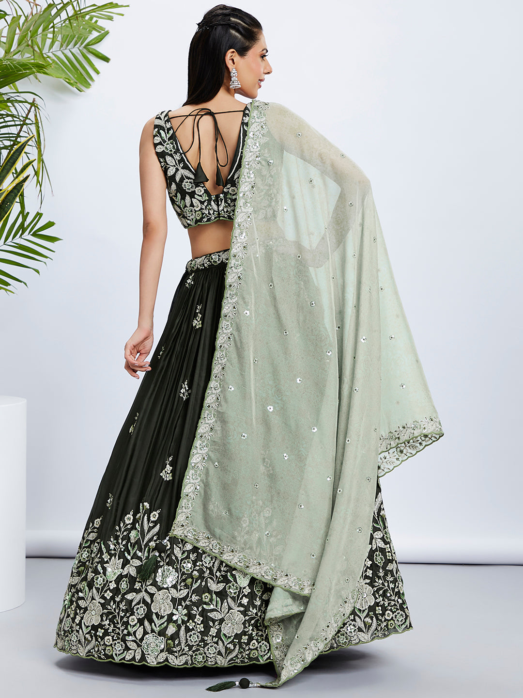 Olive Green Sequinned Lehenga Choli Set with Embroidered Dupatta