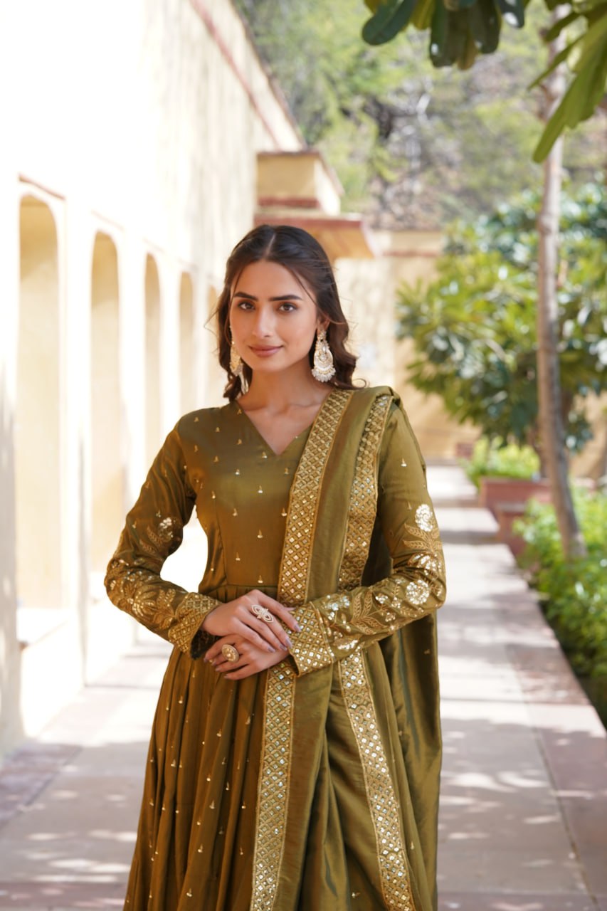 Luxurious Olive Green Viscose Cosmos Gown with Embroidered Dupatta Set