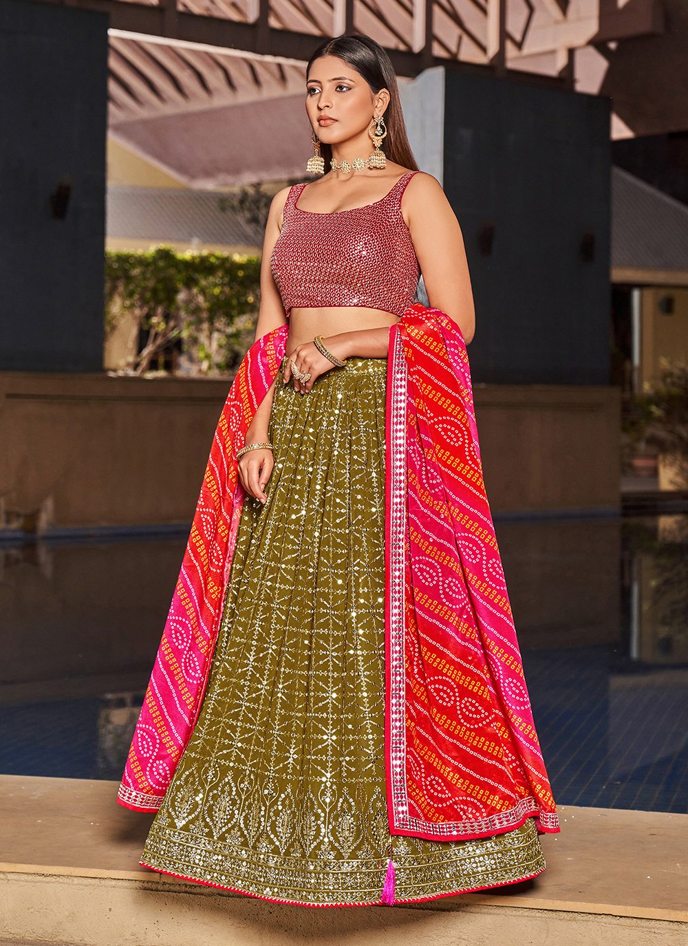 Olive pink georgette sequins embroidered designer lehenga