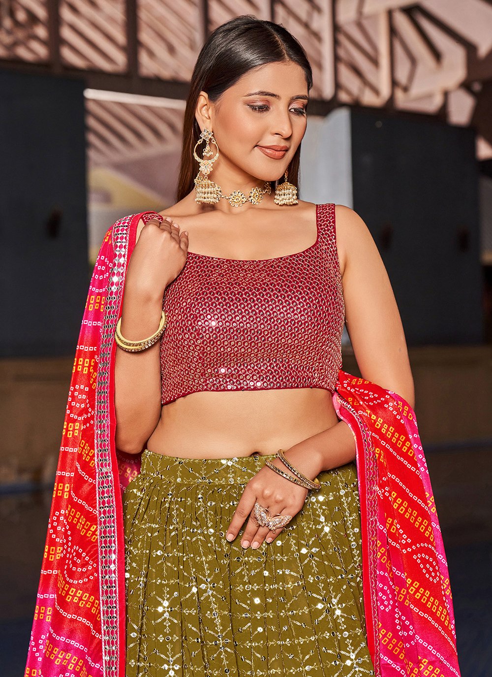 Olive pink georgette sequins embroidered designer lehenga