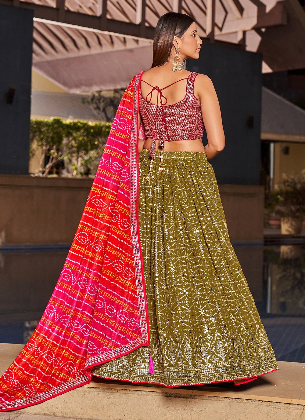 Olive pink georgette sequins embroidered designer lehenga