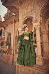 Olive Ruffle Lehenga Choli with Dupatta Ruffle Art Silk Chinon Designer Traditional Partywear Wedding Festival Bridal Indian - Sequence