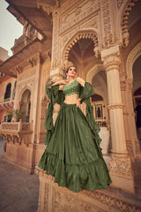 Olive Ruffle Lehenga Choli with Dupatta Ruffle Art Silk Chinon Designer Traditional Partywear Wedding Festival Bridal Indian - Sequence