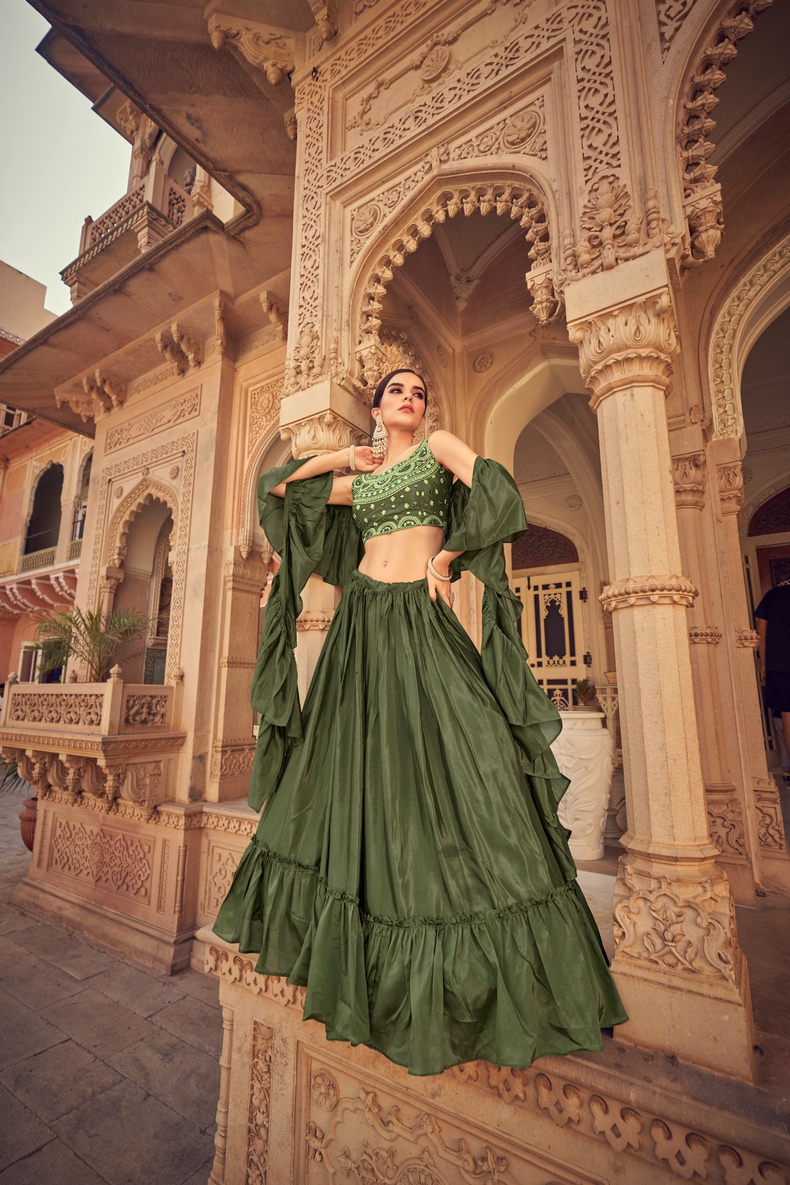 Olive Ruffle Lehenga Choli with Dupatta Ruffle Art Silk Chinon Designer Traditional Partywear Wedding Festival Bridal Indian - Sequence