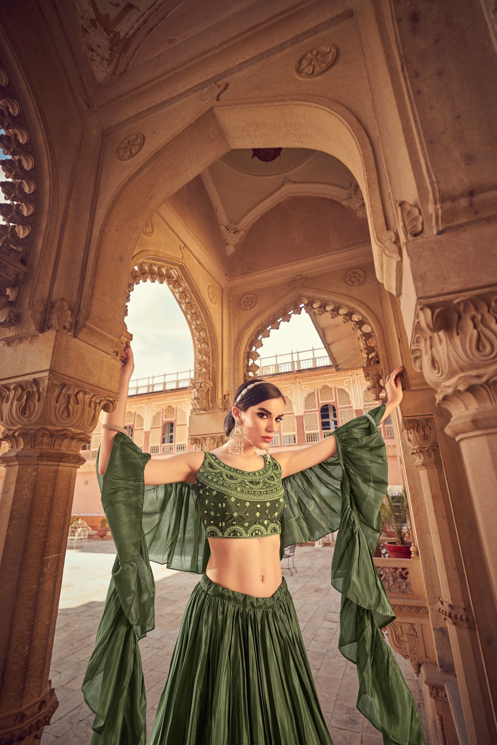 Olive Ruffle Lehenga Choli with Dupatta Ruffle Art Silk Chinon Designer Traditional Partywear Wedding Festival Bridal Indian - Sequence