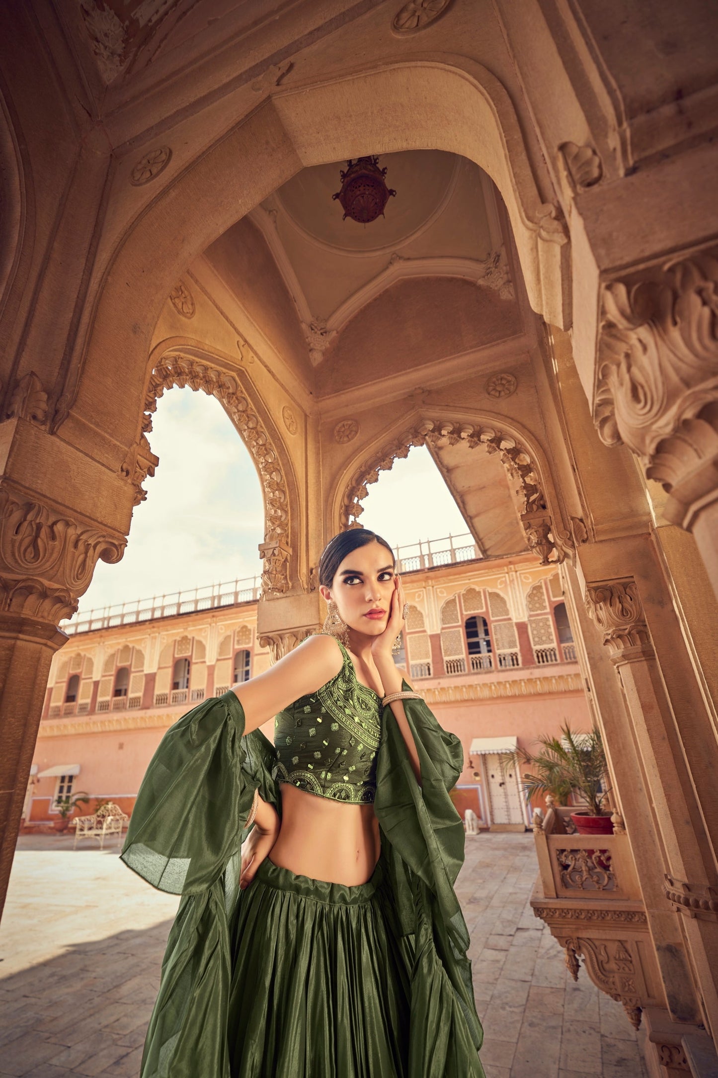 Olive Ruffle Lehenga Choli with Dupatta Ruffle Art Silk Chinon Designer Traditional Partywear Wedding Festival Bridal Indian - Sequence
