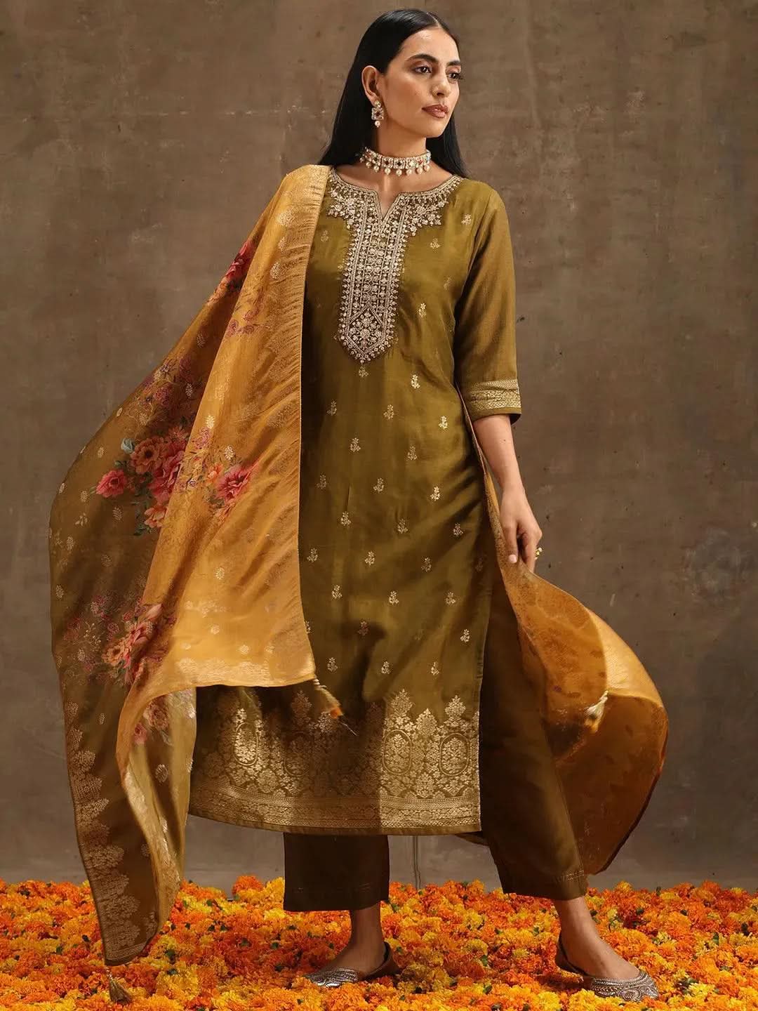 Mameraa Olive Self Design Silk Straight Kurta With Trousers & Dupatta
