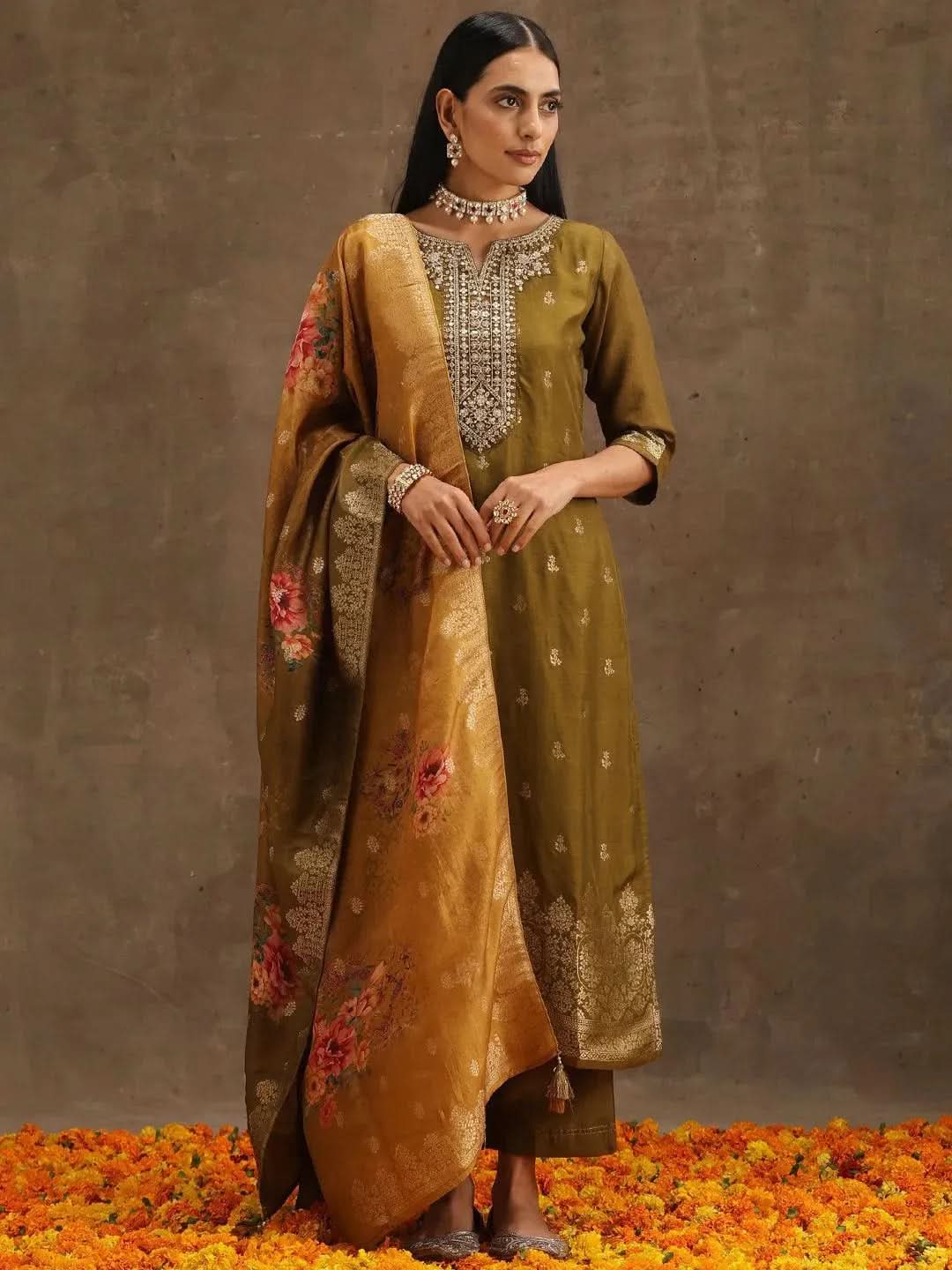 Mameraa Olive Self Design Silk Straight Kurta With Trousers & Dupatta