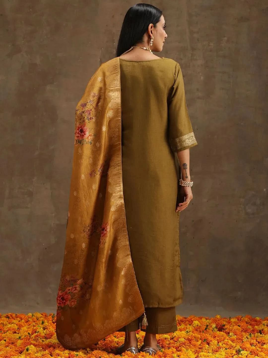 Mameraa Olive Self Design Silk Straight Kurta With Trousers & Dupatta