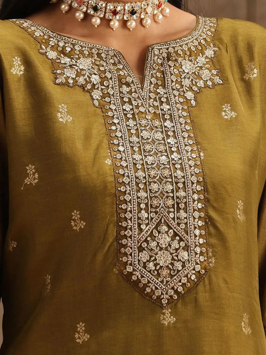 Mameraa Olive Self Design Silk Straight Kurta With Trousers & Dupatta