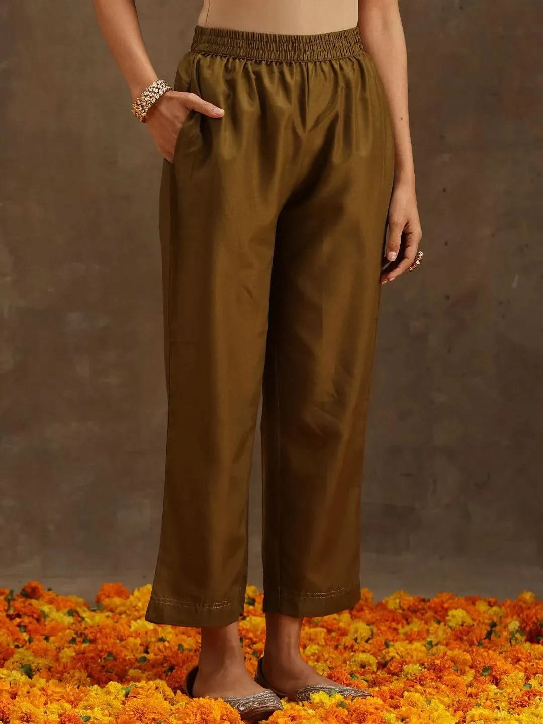 Mameraa Olive Self Design Silk Straight Kurta With Trousers & Dupatta