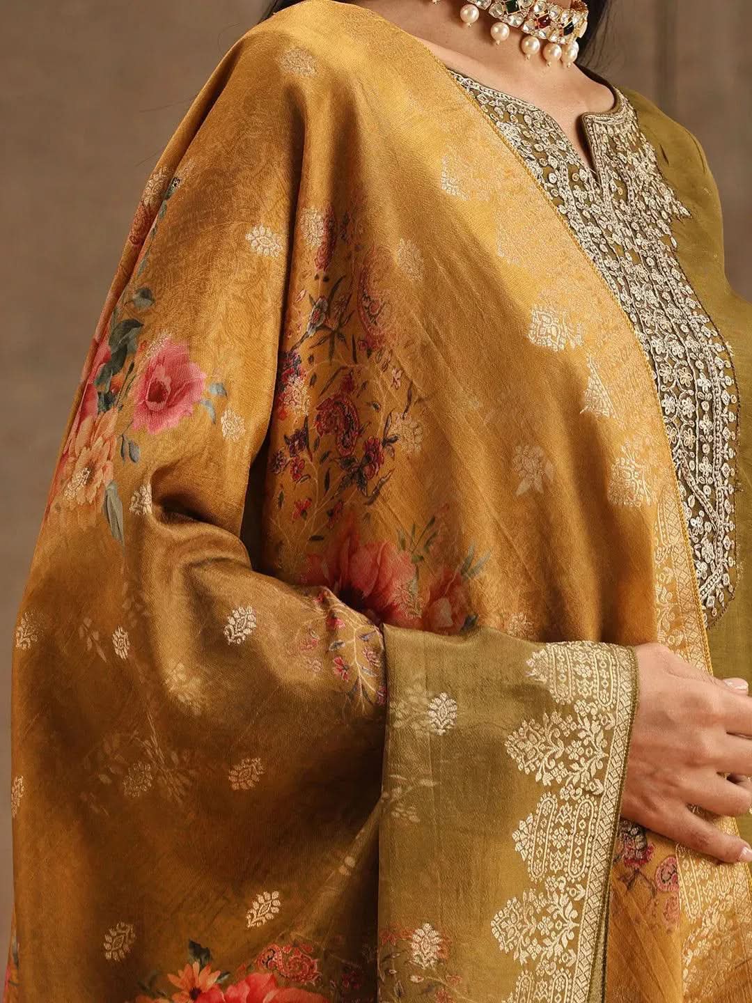 Mameraa Olive Self Design Silk Straight Kurta With Trousers & Dupatta