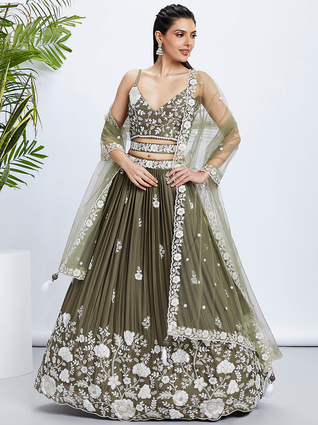 Olive Sequin & Threadwork Lehenga Choli Set