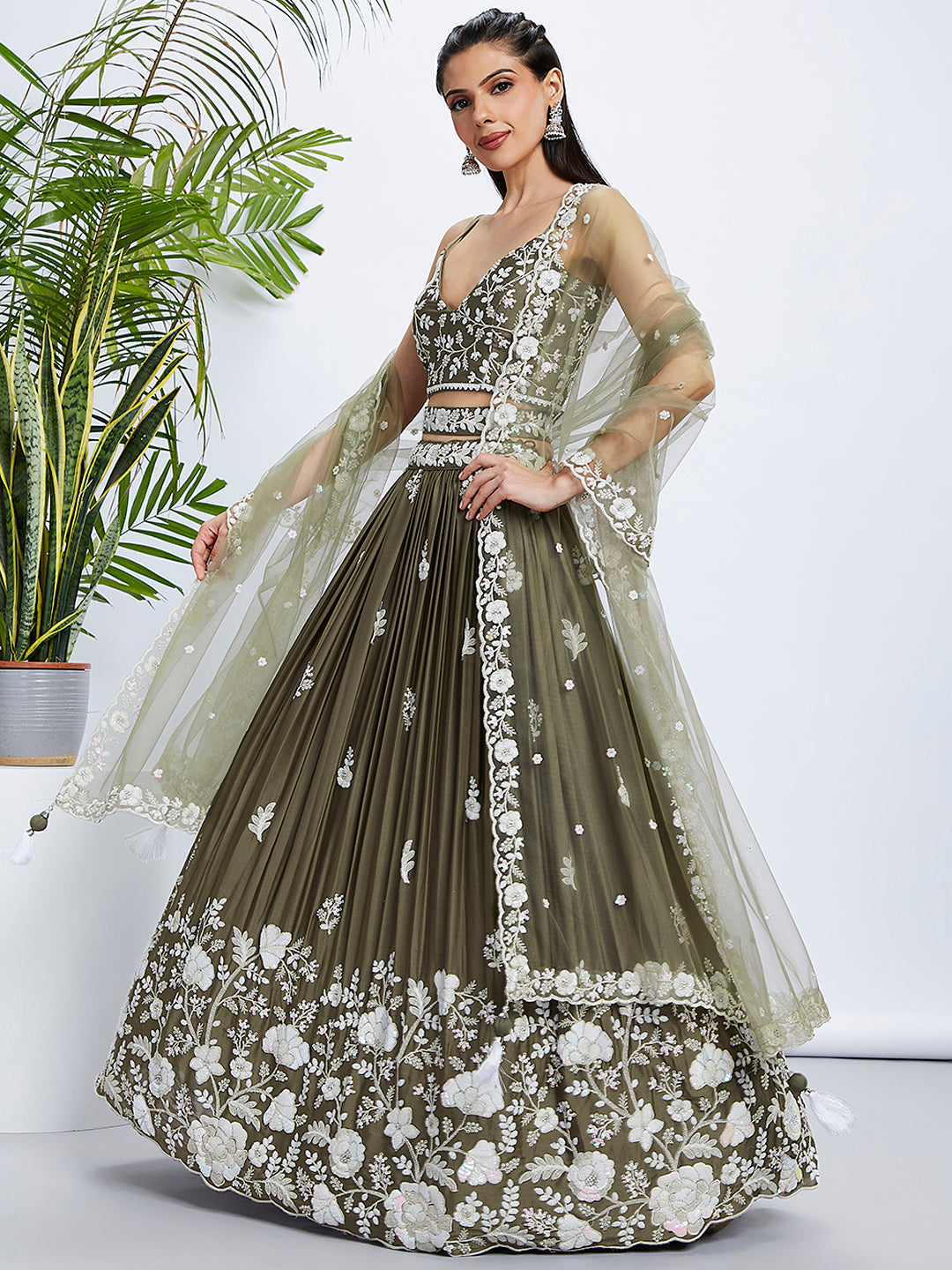 Olive Sequin & Threadwork Lehenga Choli Set