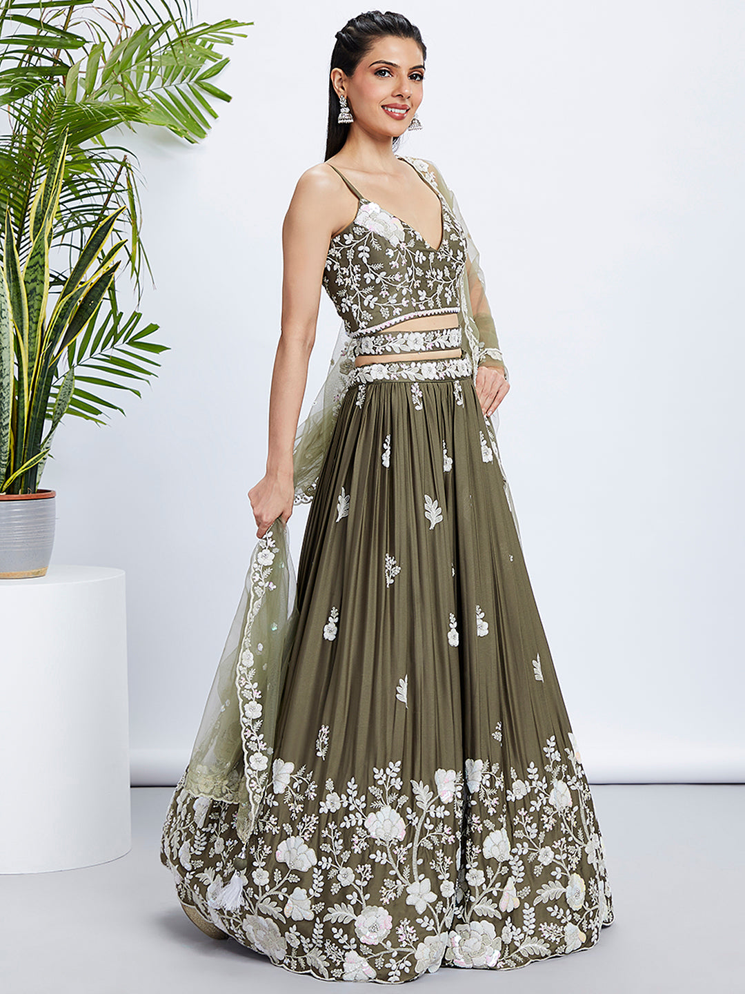 Olive Sequin & Threadwork Lehenga Choli Set