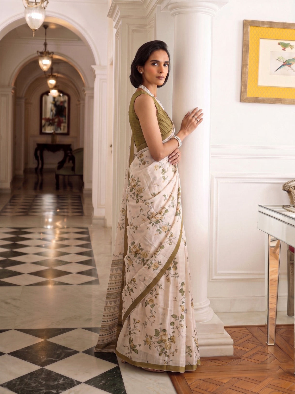 Olive Tasar Silk Floral Print Saree
