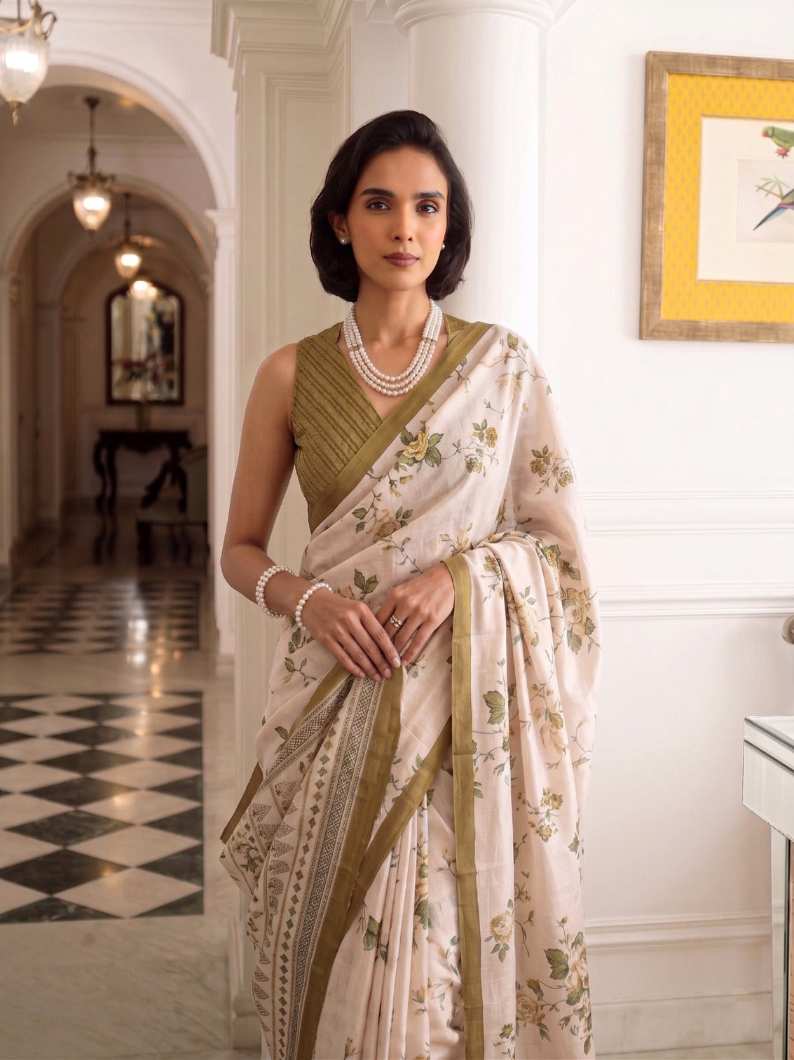 Olive Tasar Silk Floral Print Saree