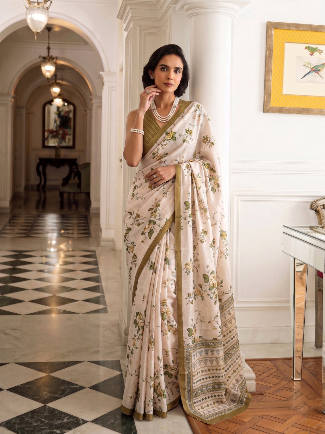Olive Tasar Silk Floral Print Saree