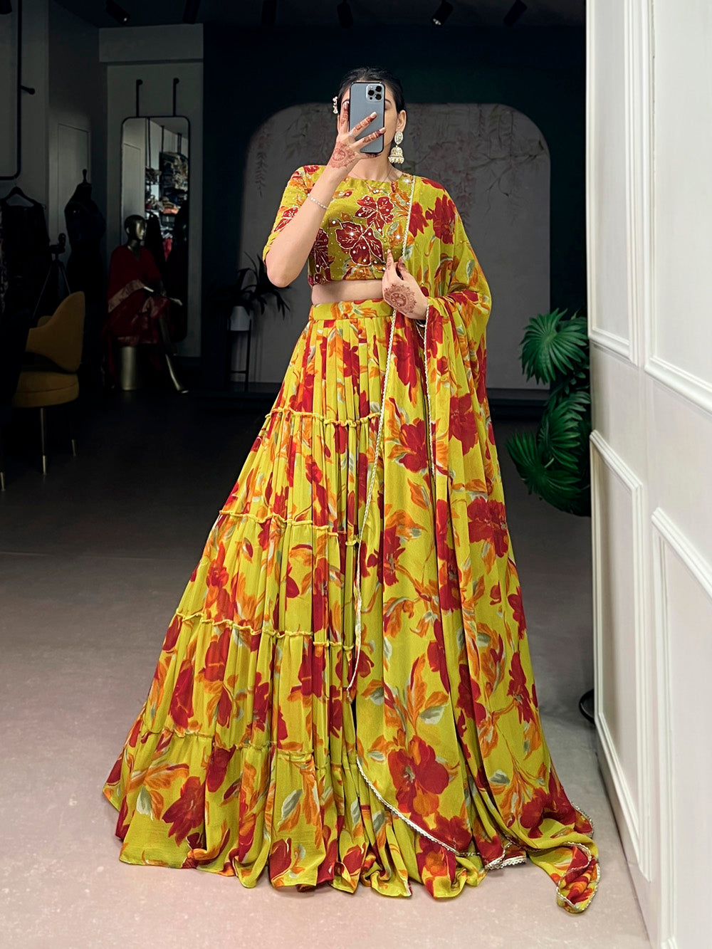 Olive yellow floral printed marble lehenga choli with lace dupatta