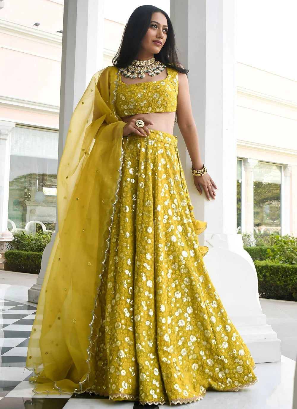 Olive yellow mehndi lehenga in georgette with sequins embroidery