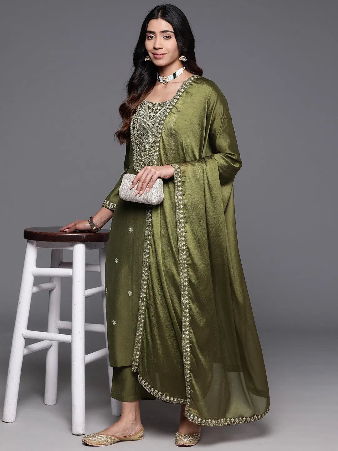 Mameraa Olive Yoke Design Silk Blend Straight Suit With Dupatta