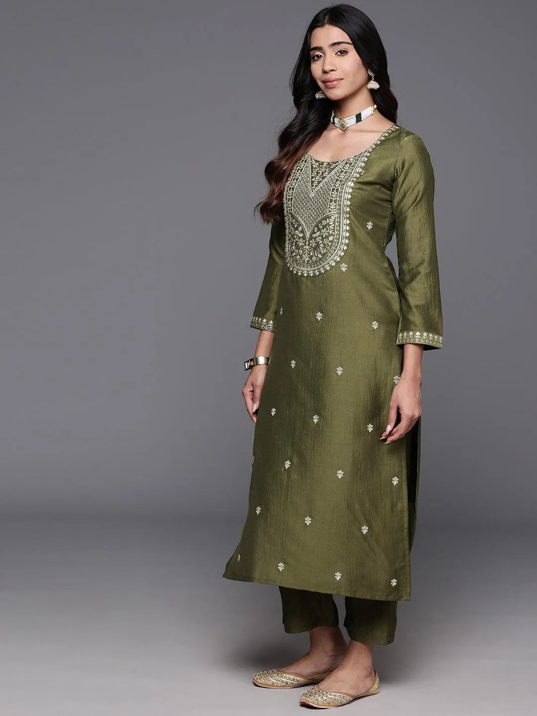 Mameraa Olive Yoke Design Silk Blend Straight Suit With Dupatta