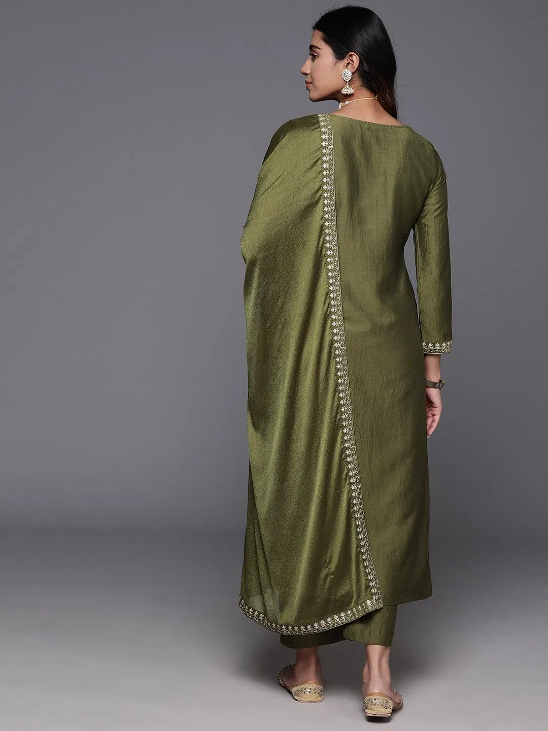 Mameraa Olive Yoke Design Silk Blend Straight Suit With Dupatta
