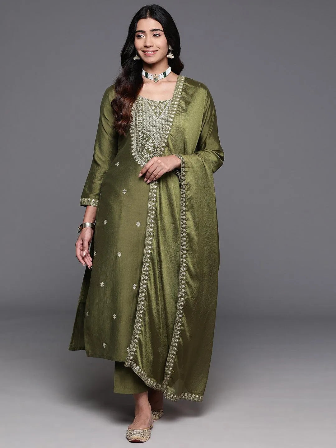 Mameraa Olive Yoke Design Silk Blend Straight Suit With Dupatta