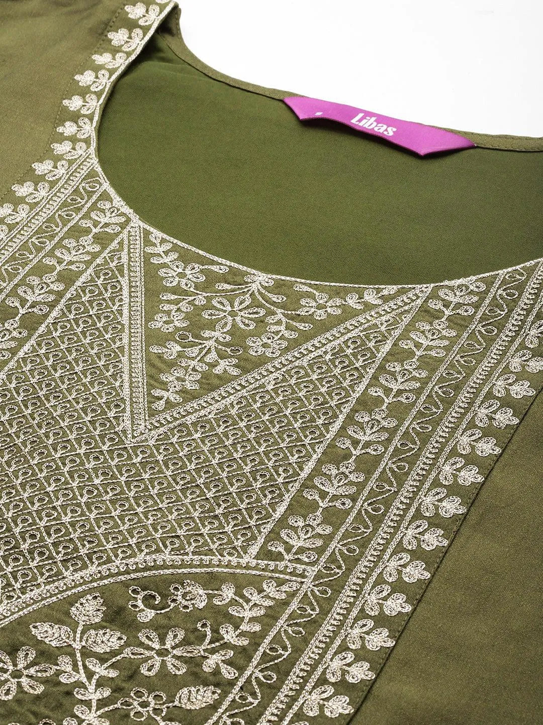 Mameraa Olive Yoke Design Silk Blend Straight Suit With Dupatta