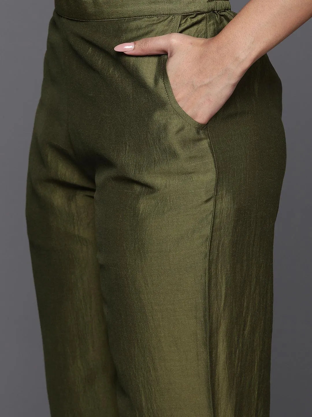 Mameraa Olive Yoke Design Silk Blend Straight Suit With Dupatta