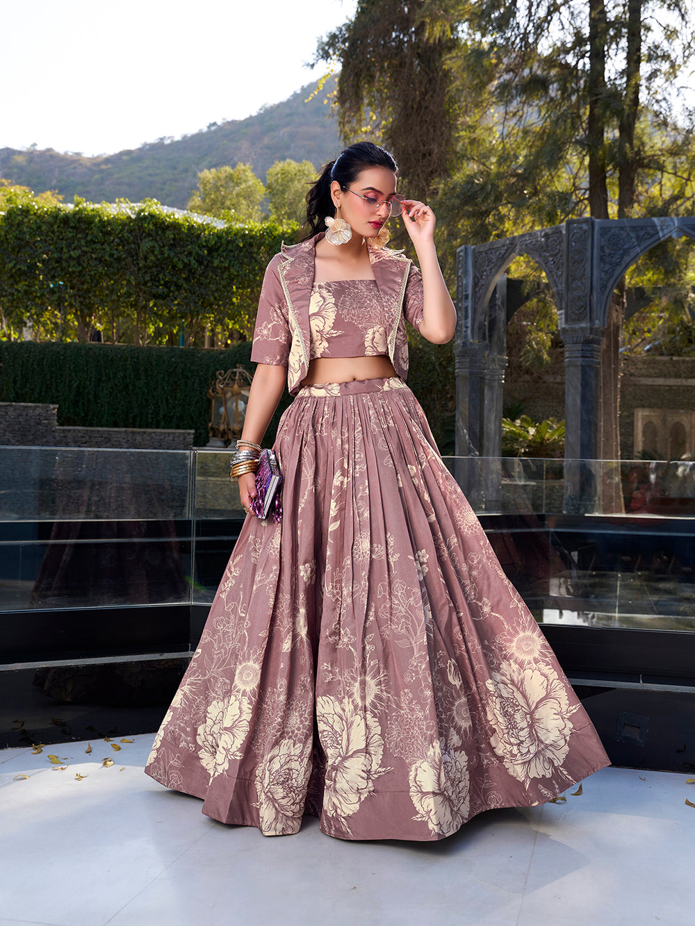 Cream tussar silk floral print crop top lehenga choli