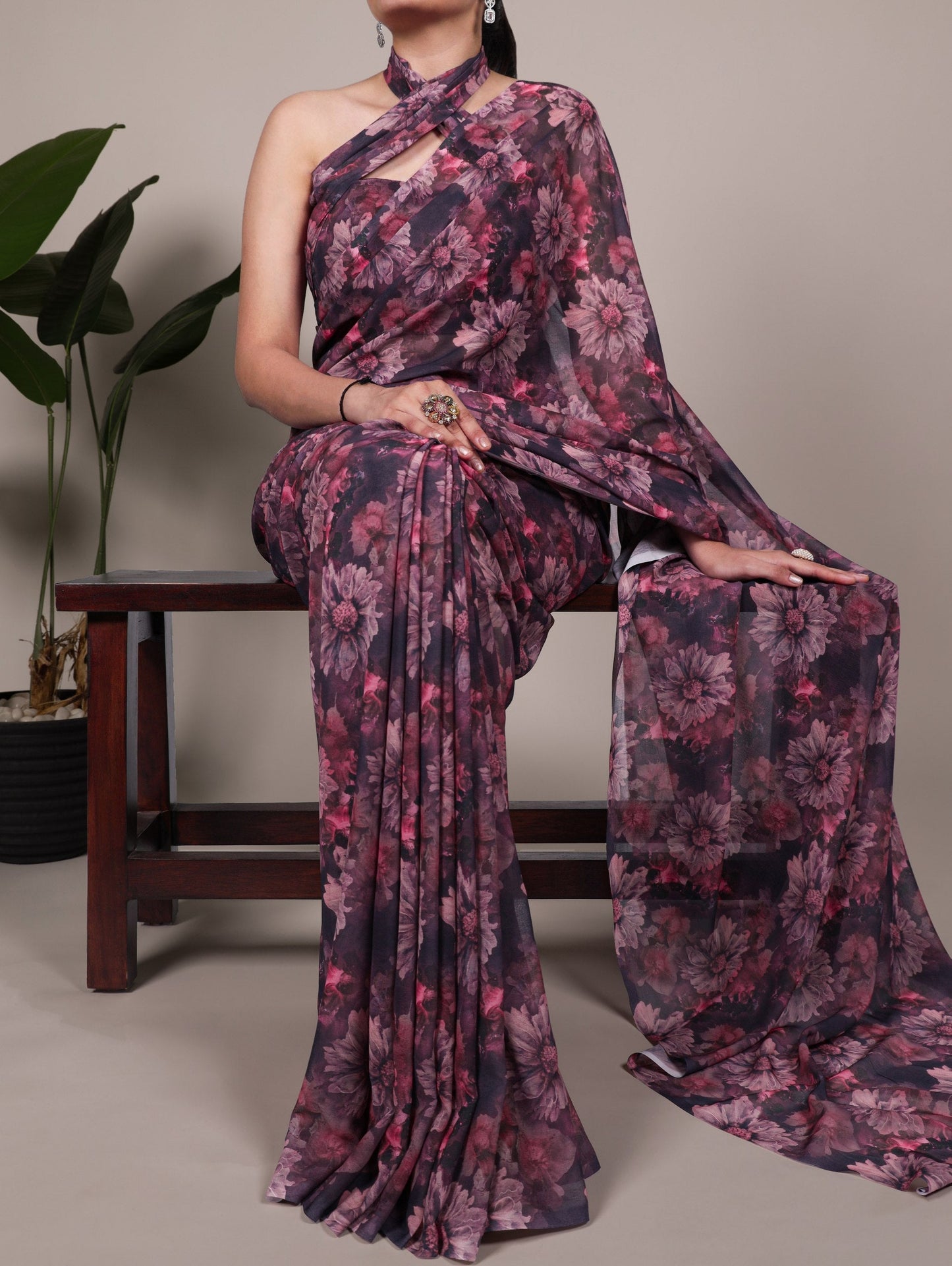 Onion Elegant Weightless Marbal Floral Print Saree with Matching Blouse – Unstitched Ensemble