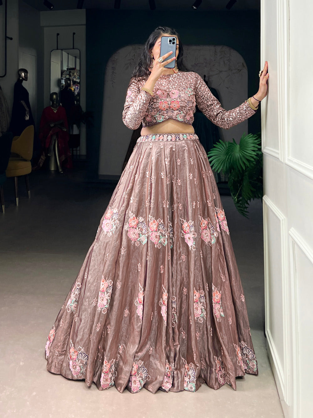 Onion color fendi co ord set with sequins thread embroidery work