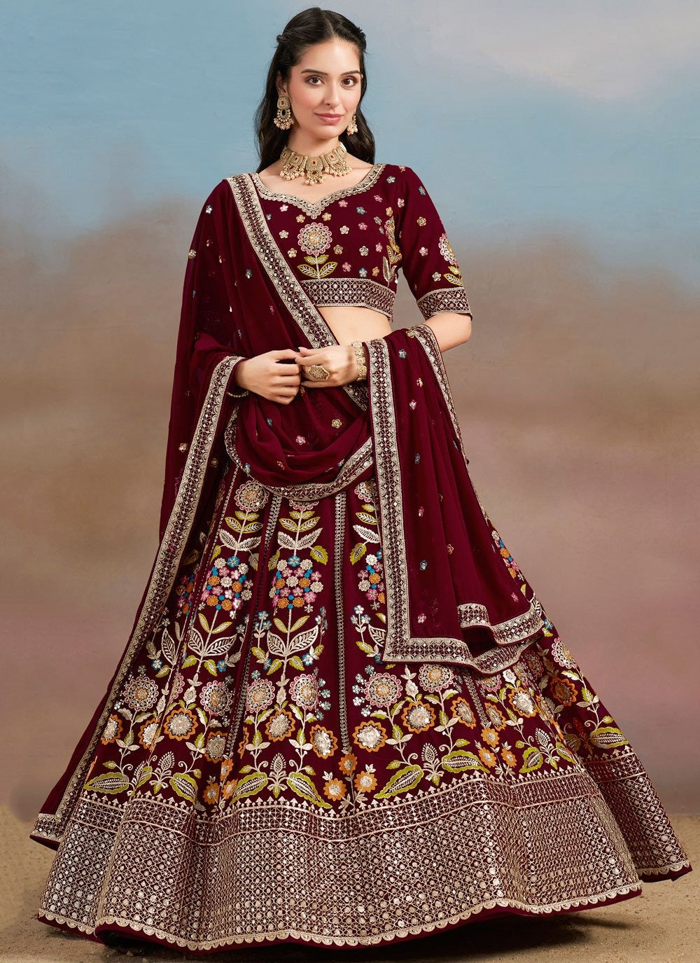 Regal maroon georgette embroidered lehenga with sequins zari for sangeet