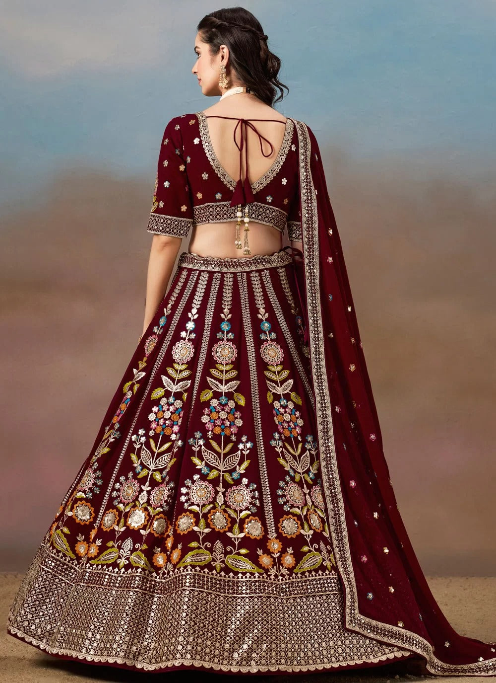 Regal maroon georgette embroidered lehenga with sequins zari for sangeet