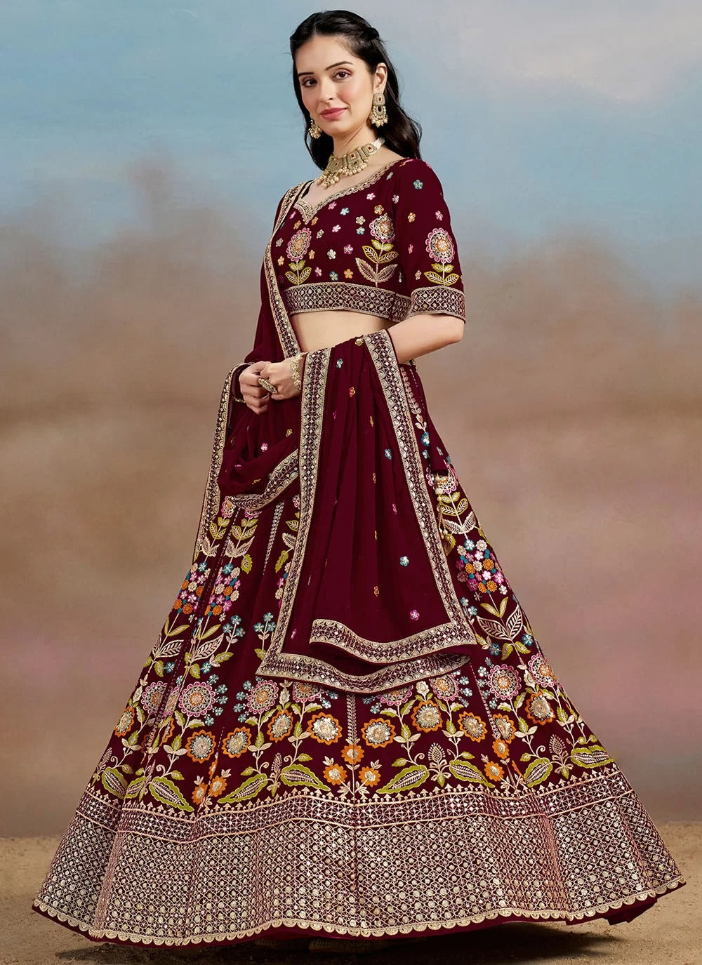Regal maroon georgette embroidered lehenga with sequins zari for sangeet
