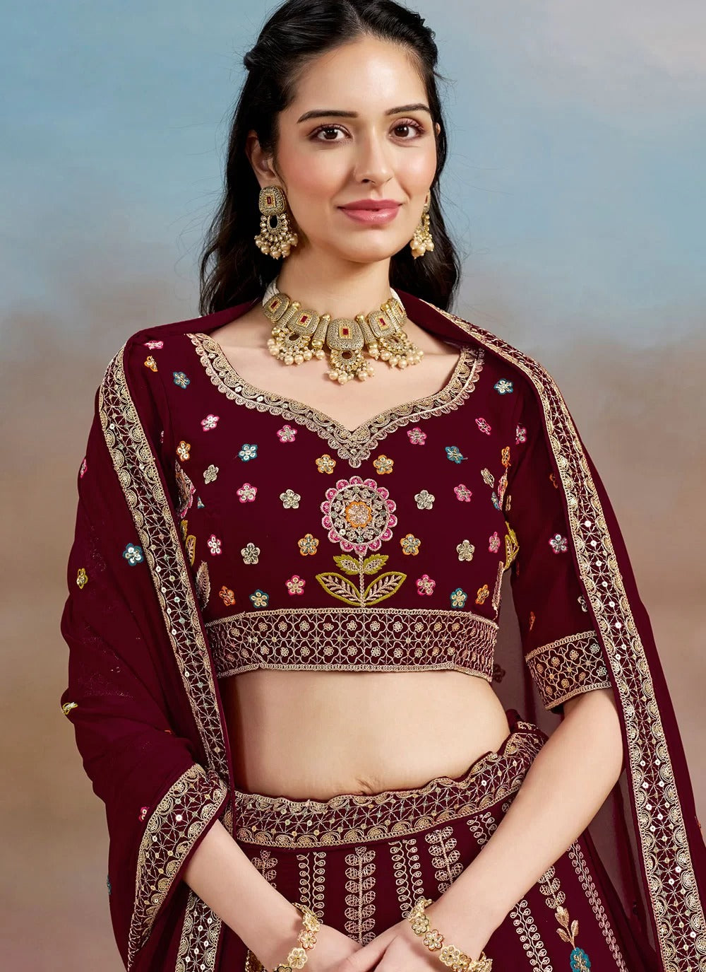 Regal maroon georgette embroidered lehenga with sequins zari for sangeet