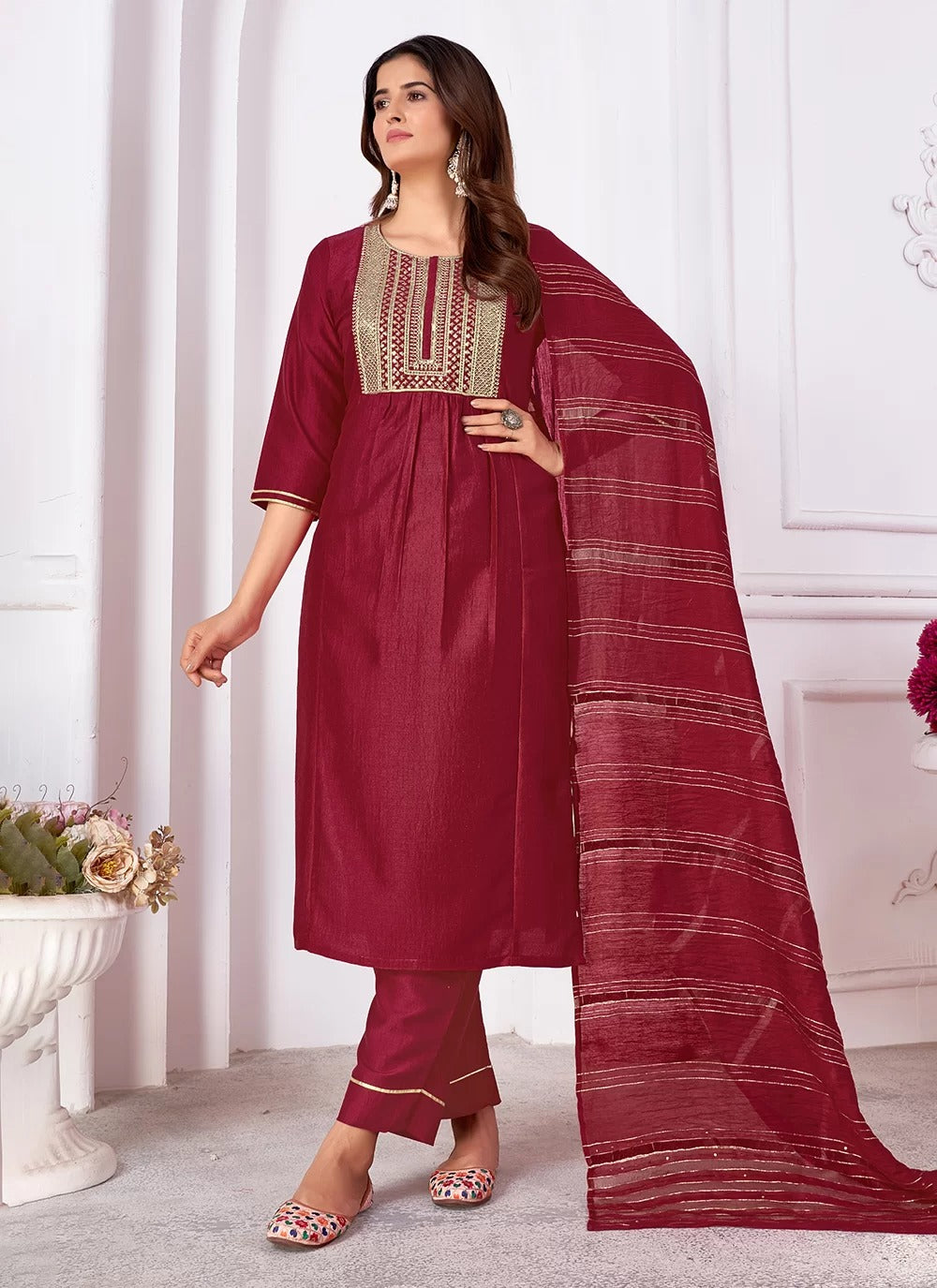 Opulent maroon vertical silk readymade suit with heavy sequin embroidery banarasi dupatta