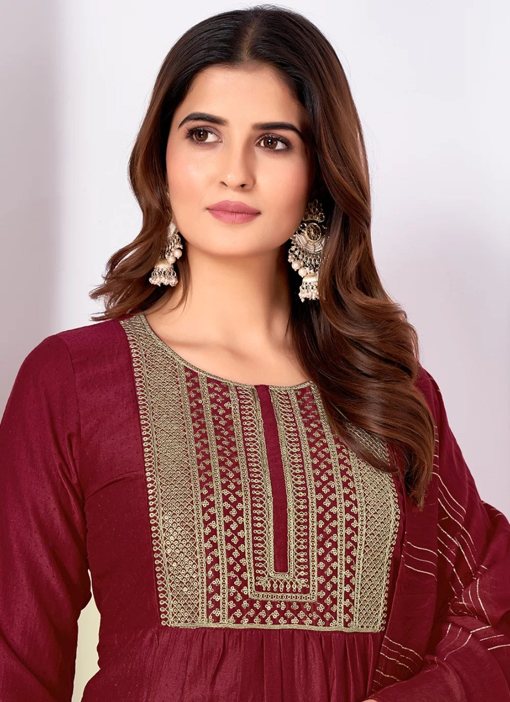 Opulent maroon vertical silk readymade suit with heavy sequin embroidery banarasi dupatta
